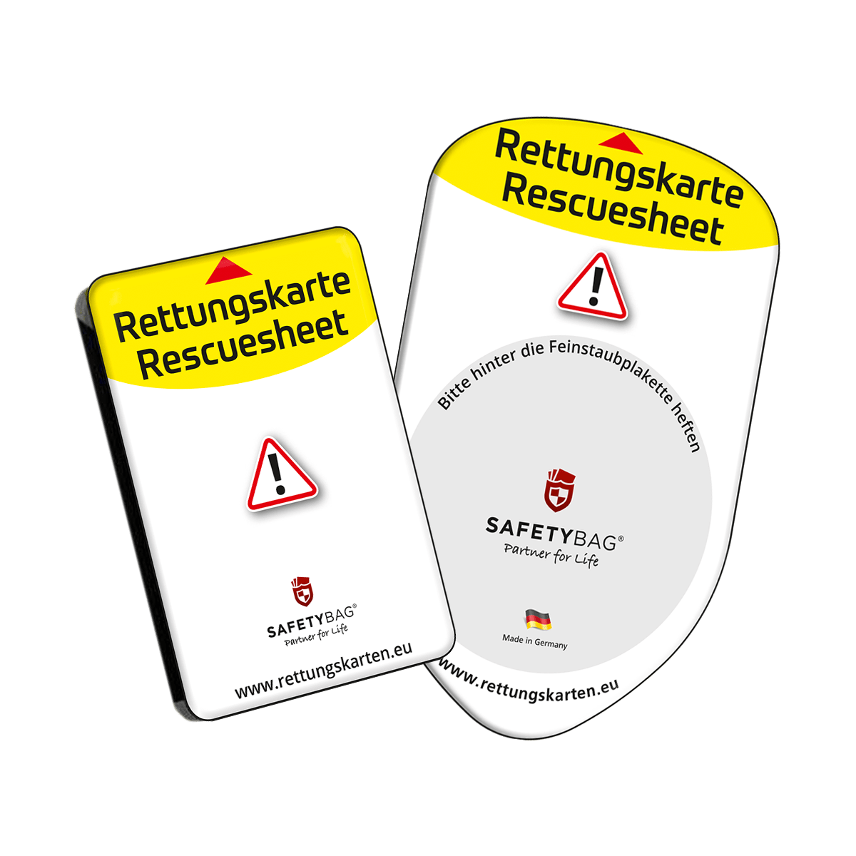 Safetybag – Zwei Modelle – Feinstaubplakette und Europa Rettungskarten-Halterung Rettungsdatenblatt