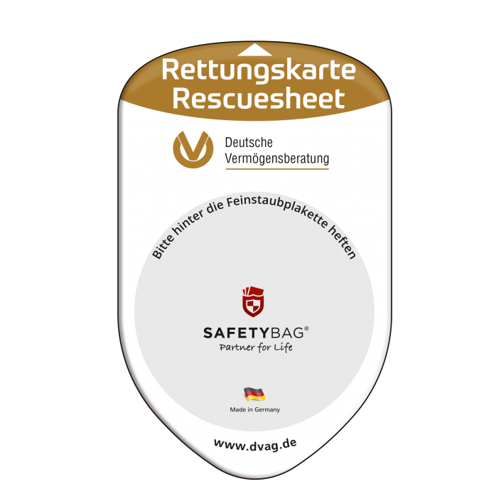 Werbung Referenzen DVAG DEUTSCHE VERMÖGENSBERATUNG – SAFETYBAG® – Die Rettungskarten Rettungsdatenblätter Halterung Hülle Tasche für jedes Auto – für Fuhrpark Mitarbeiter nachhaltiges Werbegeschenk Give-away