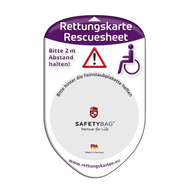 SAFETYBAG® – Die Rettungskarten-Halterung Hülle Tasche für jedes Auto – Shop Produkt Variante F Rollstuhlfahrer – Position Frontscheibe hinter der Feinstaubplakette