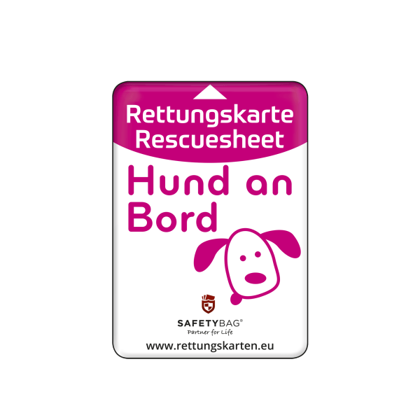 SAFETYBAG® – Die Rettungskarten-Halterung Hülle Tasche für jedes Auto – Shop Produkt Variante S Hund an Bord – Position an der Seitenscheibe oder Frontscheibe